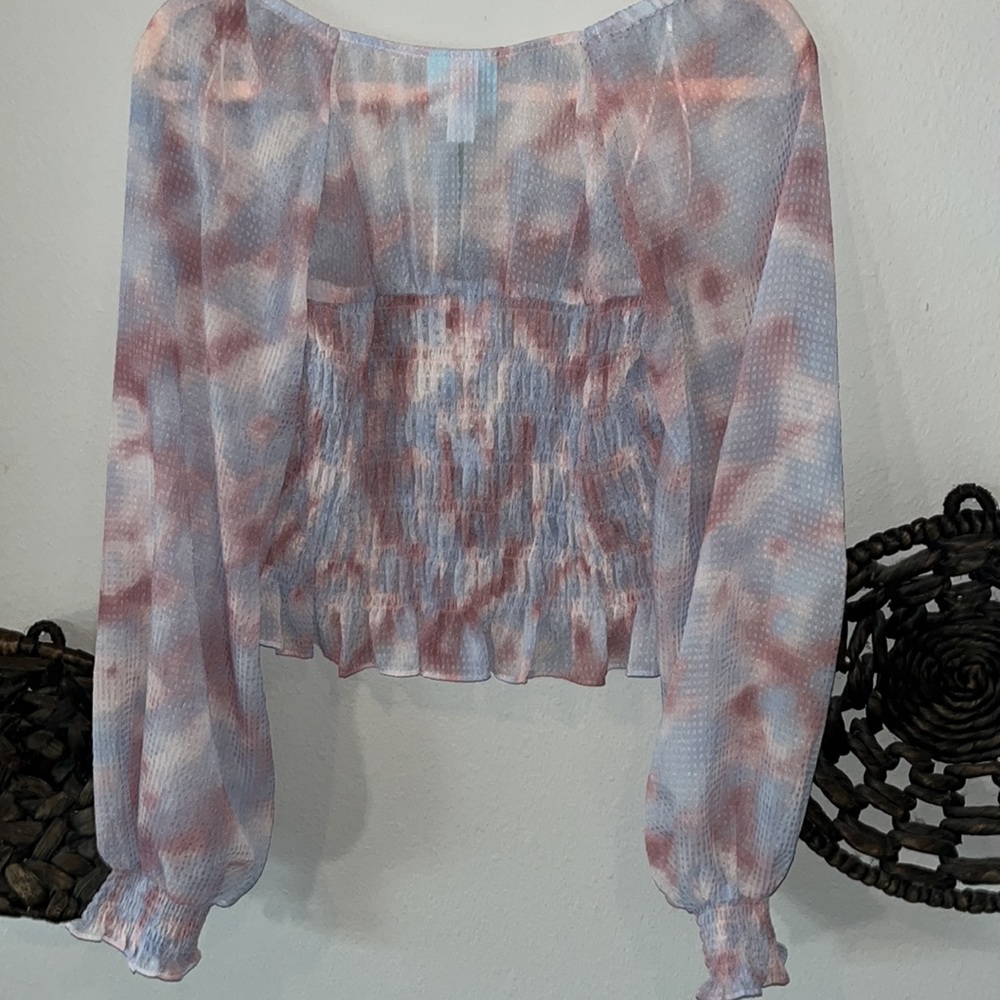 NWT Future Collective Watercolor Long Sleeve Smocked Bodice Top - Picture 6 of 12